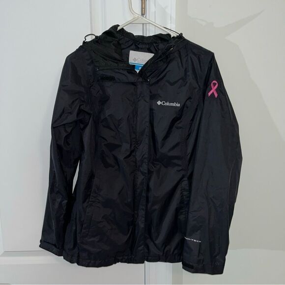 Black Columbia Breast Cancer Awareness omni-Tech nylon parka hooded coat Jacket - Picture 1 of 5